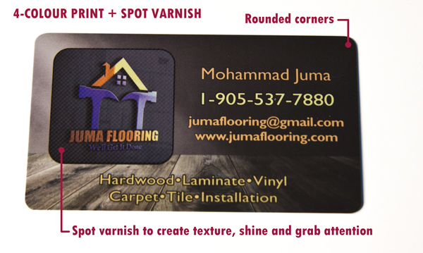 Business card with spot varnish and rounded corners